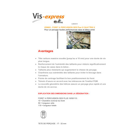 1 x Bore til PERKUSSION SDS MERE 10/200/265