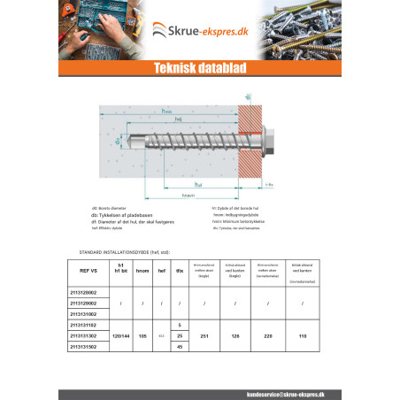 1 x Skrue til beton Sekskantet hoved Flange T18 12X110 elforzinket stål