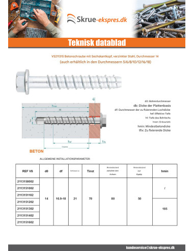 1 x Skrue til beton Sekskantet hoved Flange T21...