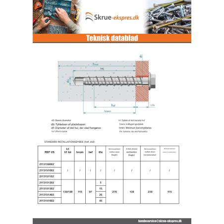 1 x Skrue til beton Sekskantet hoved Flange T21 14X140 elforzinket stål
