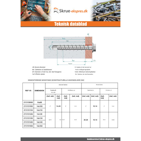1 x Skrue til beton Sekskantet hoved Flange T21 14X140 elforzinket stål