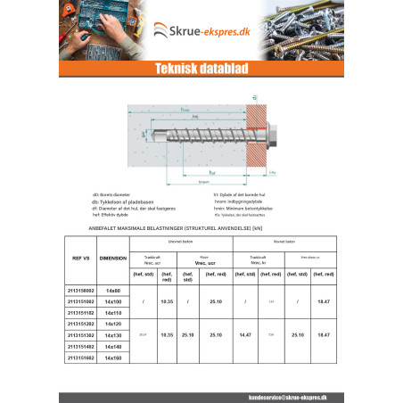 1 x Skrue til beton Sekskantet hoved Flange T21 14X140 elforzinket stål