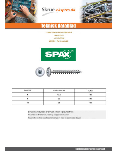 1 x Spax Træskrue skive hoved T30 6X280 Gevind...