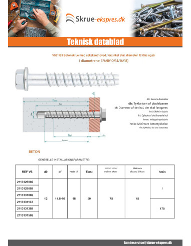 1 x Skrue til beton Sekskantet hoved Flange T18...