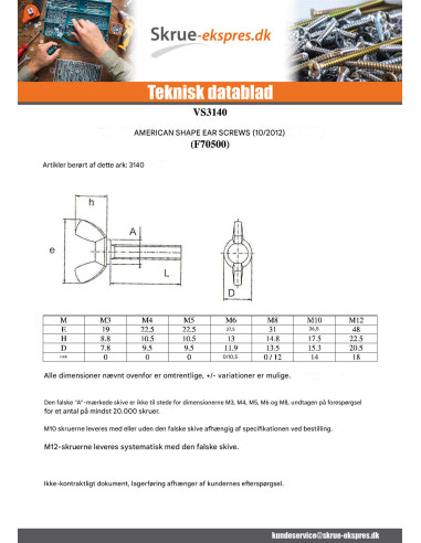 1 x Skrue vinger M6X30 amerikansk form...