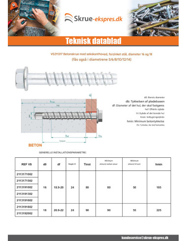 1 x Skrue til beton Sekskantet hoved Flange T24...