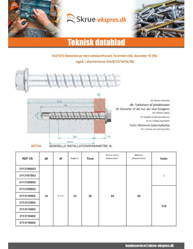 1 x Skrue til beton Sekskantet hoved Flange T15...