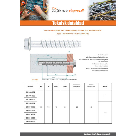 1 x Skrue til beton Sekskantet hoved Flange T15 10X70 elforzinket stål