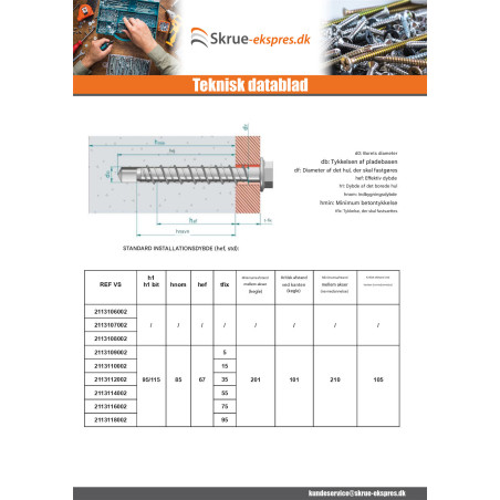 1 x Skrue til beton Sekskantet hoved Flange T15 10X70 elforzinket stål