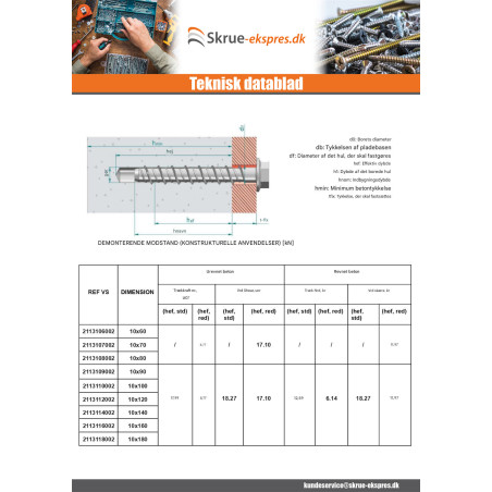 1 x Skrue til beton Sekskantet hoved Flange T15 10X70 elforzinket stål