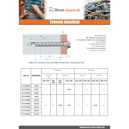 1 x Skrue til beton Sekskantet hoved Flange T15 10X70 elforzinket stål