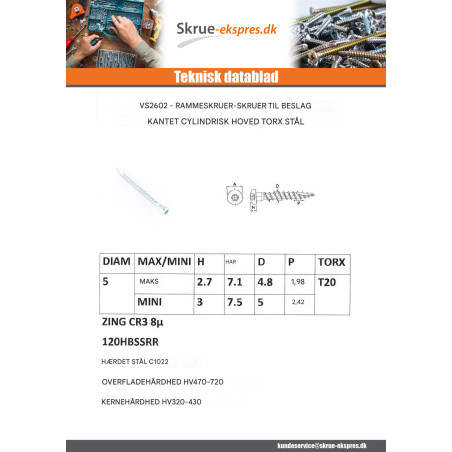 1 x Skrue HARDWARE ANGULAR panhoved T20 spids anti-kløvning type 17 cut elforzinket stål 5X50
