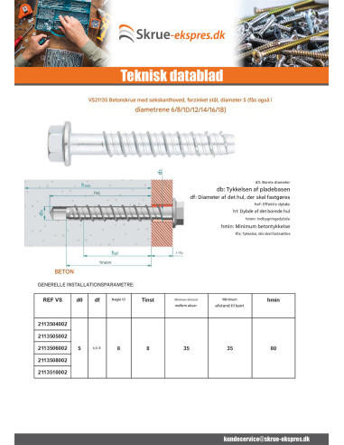 1 x Skrue til beton Sekskantet hoved Flange T8...