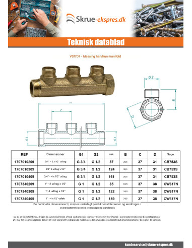 1 x Manifold 2 udgange 20X27 (1") han/hun...