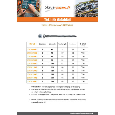 1 x Spax Skrue REGULERING fladt hoved T-STAR T30 6X160 Gevind 68 WIROX