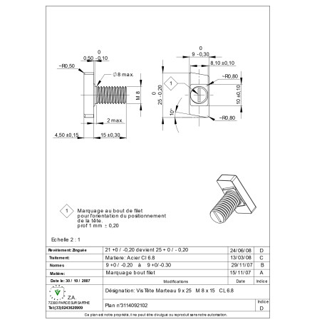 1 x Vis m-hastighed hammer hoved M8/15 9X25 Klasse 6.8 elforzinket stål