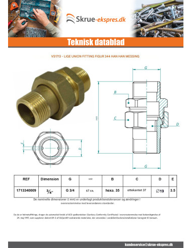 1 x Lige unionsfitting 20X27 (3/4") Mand / Mand...
