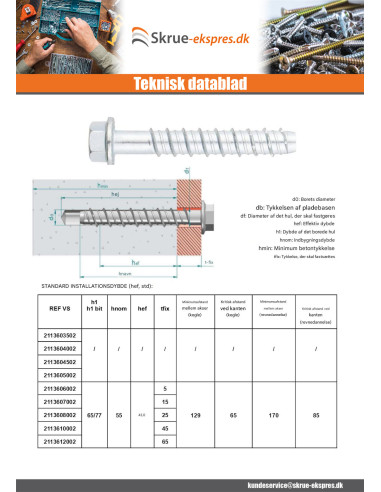 1 x Skrue til beton Sekskantet hoved Flange T10...