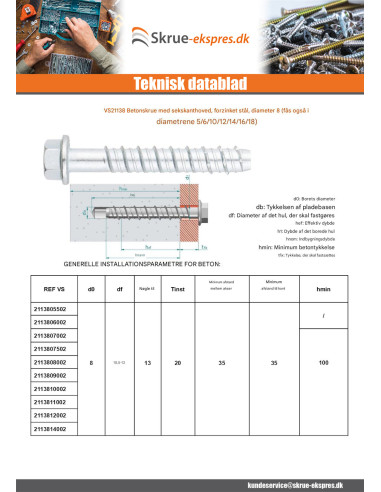 1 x Skrue til beton Sekskantet hoved Flange T13...