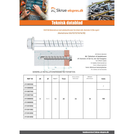1 x Skrue til beton Sekskantet hoved Flange T13 8X120 elforzinket stål