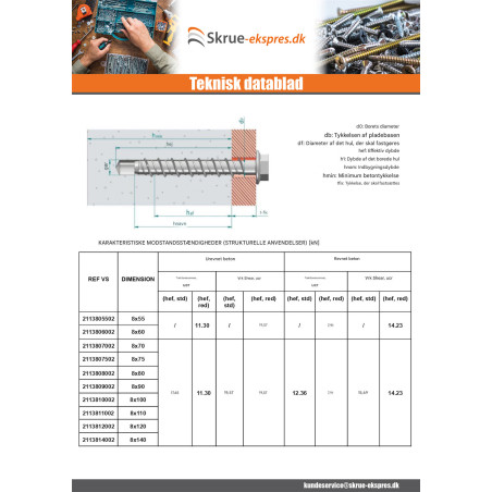 1 x Skrue til beton Sekskantet hoved Flange T13 8X120 elforzinket stål