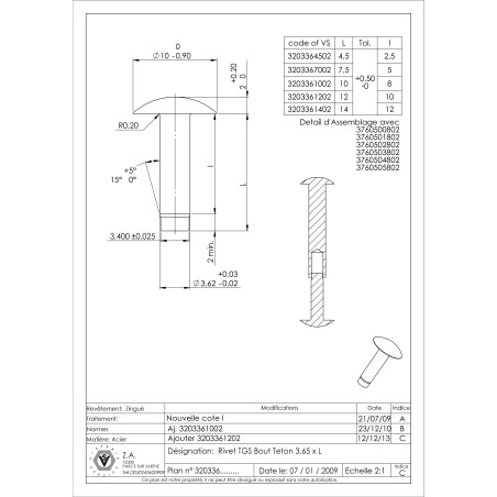 1 x Massiv nitte Linseformet hoved 3,65X7,5 Cylindrisk ende Cylindrisk ende elforzinket stål