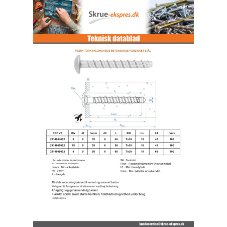 1 x Skrue til beton hoved Pan hoved TORX T30 6X50 elforzinket stål