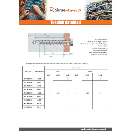 1 x Skrue til beton Sekskantet hoved Flange T10 6X120 elforzinket stål