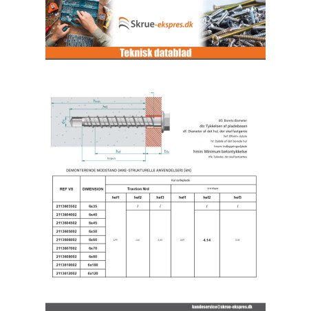 1 x Skrue til beton Sekskantet hoved Flange T10 6X120 elforzinket stål