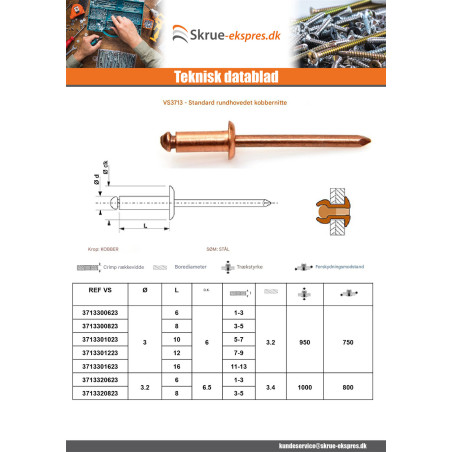 1 x Nitte Standard rund hoved kobber stålstang 4,8X18 Tykkelse stramning 11 to 13