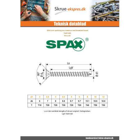 1 x Spax Træskrue forsænket hoved T20 4,5X35 Fuld trÃ¥d WIROX