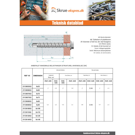 1 x Skrue til beton Sekskantet hoved Flange T13 8X75 elforzinket stål