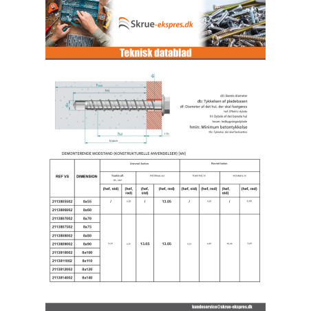 1 x Skrue til beton Sekskantet hoved Flange T13 8X90 elforzinket stål