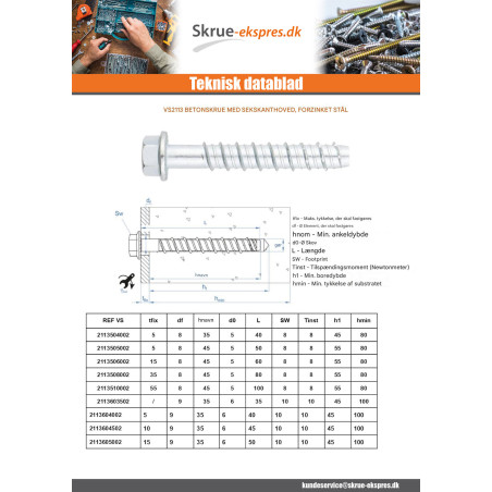 1 x Skrue til beton Sekskantet hoved Flange T15 10X140 elforzinket stål