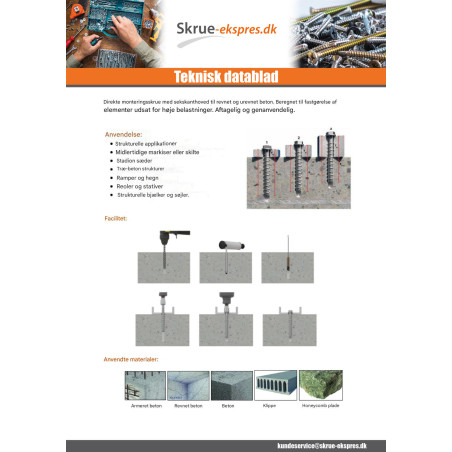 1 x Skrue til beton Sekskantet hoved Flange T15 10X140 elforzinket stål