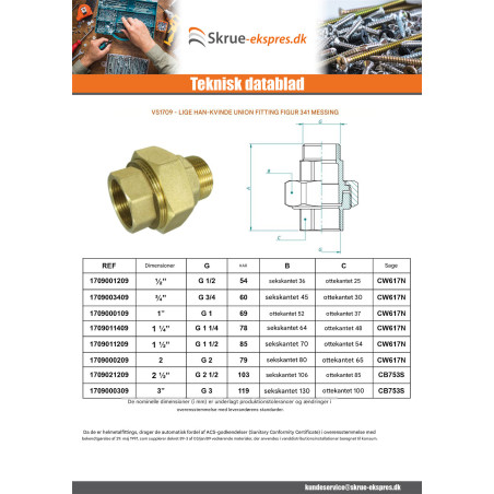 1 x Lige unionsfitting 26X34 (1") han/hun Messing Figur 341