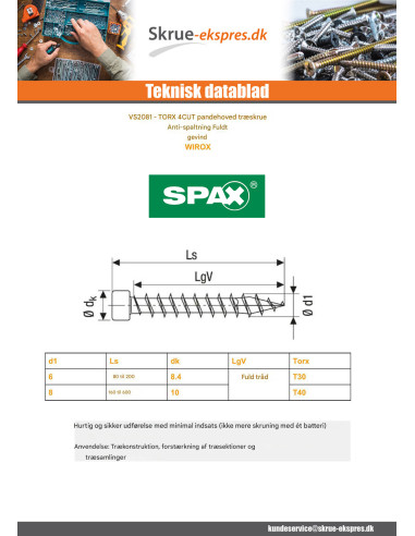 1 x Spax Træskrue panhoved T30 6X100 Fuld trÃ¥d...
