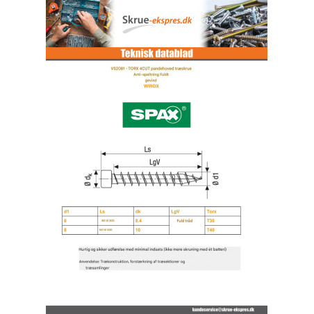 1 x Spax Træskrue panhoved T30 6X100 Fuld trÃ¥d 4CUT WIROX