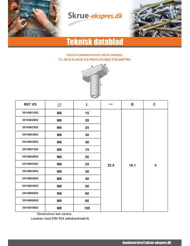 1 x Vis m-hastighed hammer hoved M8X30 til...
