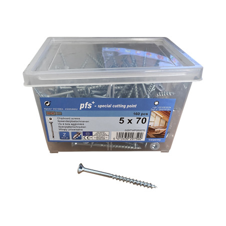 1 x Spand med 160 Træ og spånplade skrue 5X70 forsænket hoved T25 spids anti-kløvning type 17 cut elforzinket stål