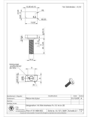 1 x Vis m-hastighed hammer hoved M6X20 20X12...