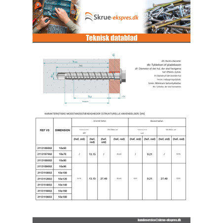 1 x Skrue til beton Sekskantet hoved Flange T15 10X90 elforzinket stål