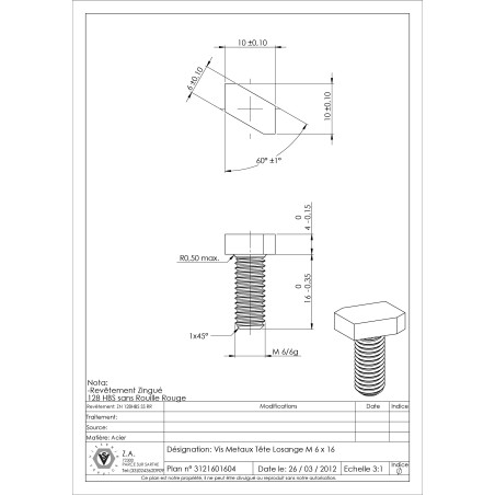 1 x Vis m-hastighed hoved diamant M6X16 elforzinket stål 128 timers saltspray uden rødrust