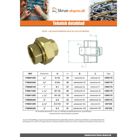 1 x Lige unionsfitting 20X27 (3/4") hun Messing Figur 340