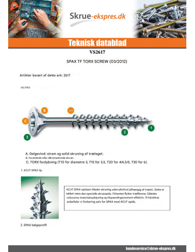 1 x Skrue Spax forsænket hoved T30 6X50 Gevind...