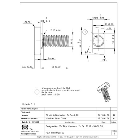 1 x Vis m-hastighed hammer hoved M12/30 12X34 Klasse 6.8 elforzinket stål