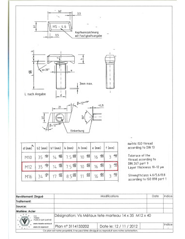 1 x Vis m-hastighed hammer hoved M12X40 14X35...