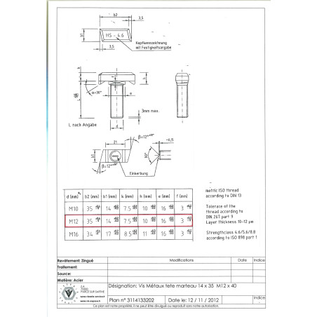 1 x Vis m-hastighed hammer hoved M12X40 14X35 elforzinket stål