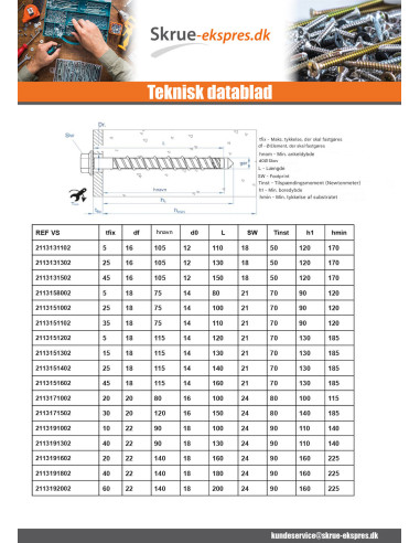 1 x Skrue til beton Sekskantet hoved Flange T15...