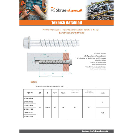 1 x Skrue til beton Sekskantet hoved Flange T18 12X90 elforzinket stål